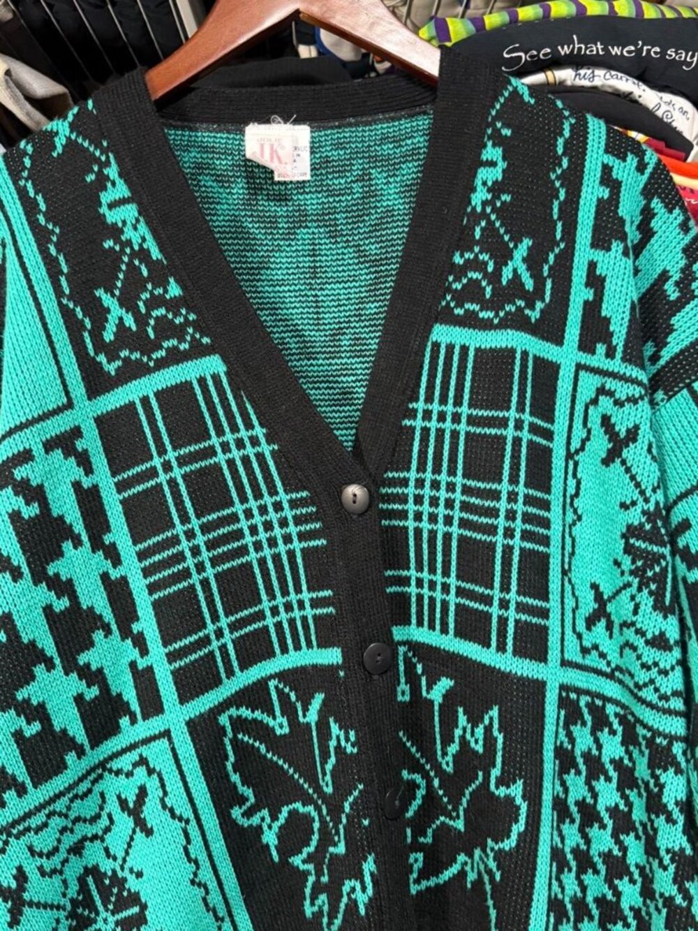 80s Jolie J.K. Knitwear Black & Teal Plaid and Leaf Pattern Cardigan Sweater